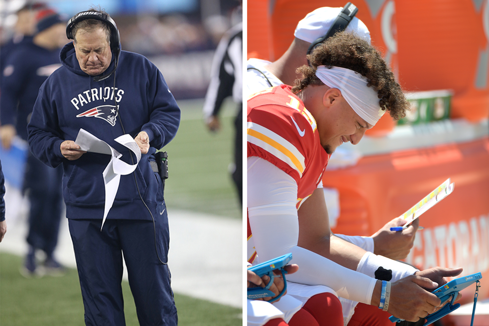 The Sideline Viewing System available on Microsoft Surface tablets offers coaches immediate and dynamic options for analyzing their opponents&#x2019; strategy and formations during a game. For now, teams can still use photo printouts in binders.&#xA0;(AP Photo/Paul Jasienski) (AP Photo/Phelan M. Ebenhack)